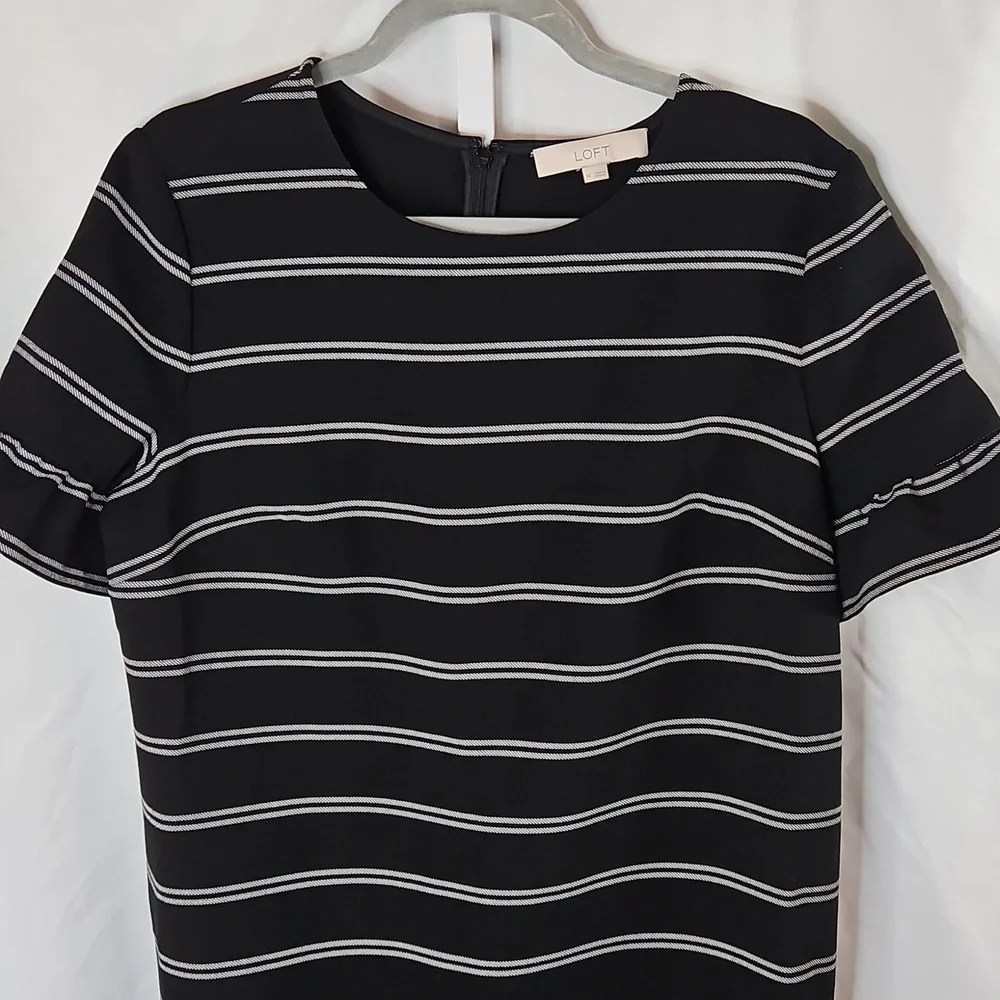 Ann Taylor Loft Black & White Striped Ruffle Sleeve Shift Dress Size 14 - Picture 5 of 7